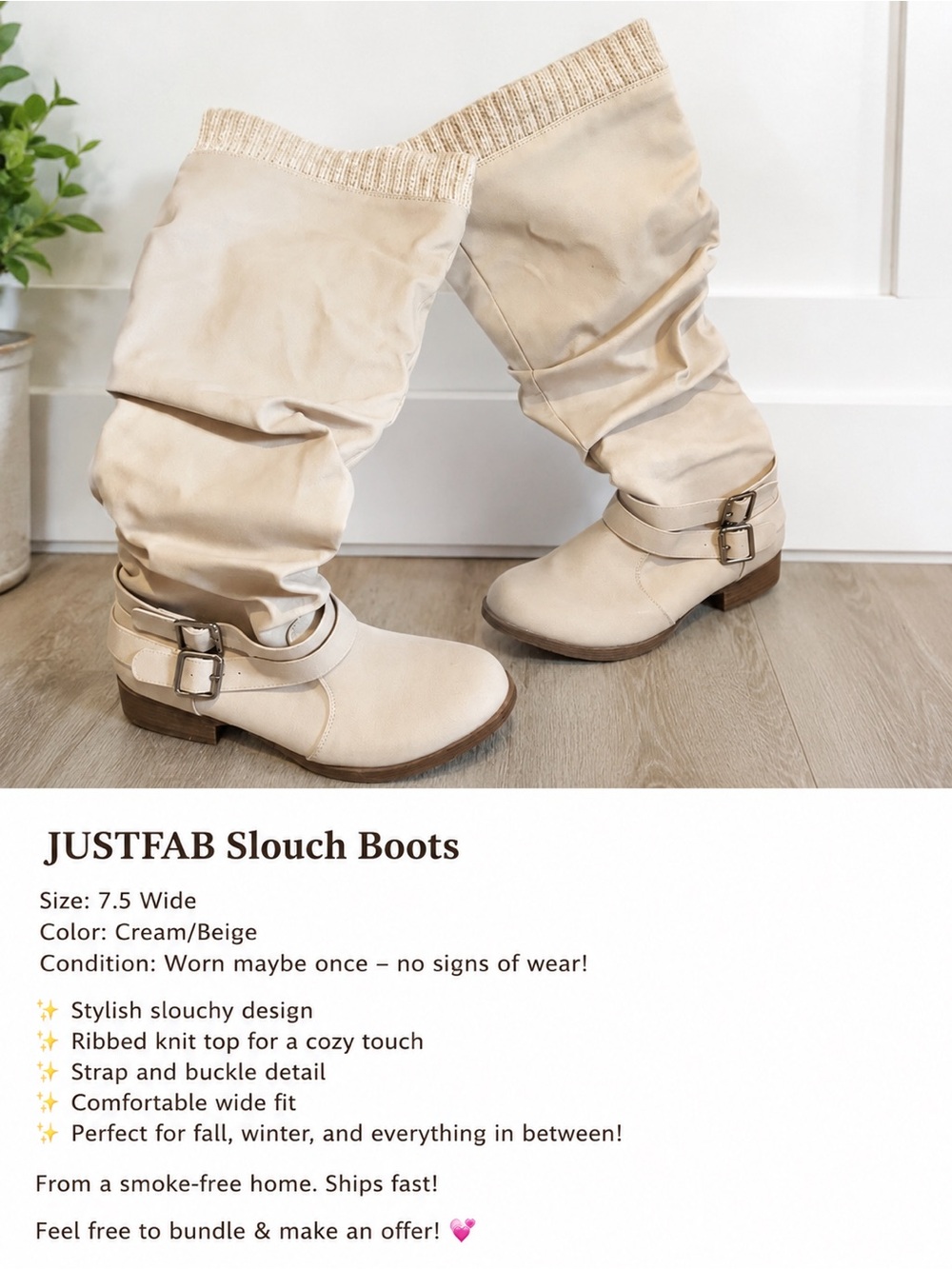 JustFab Cream Beige Slouch Buckle Ankle Boots